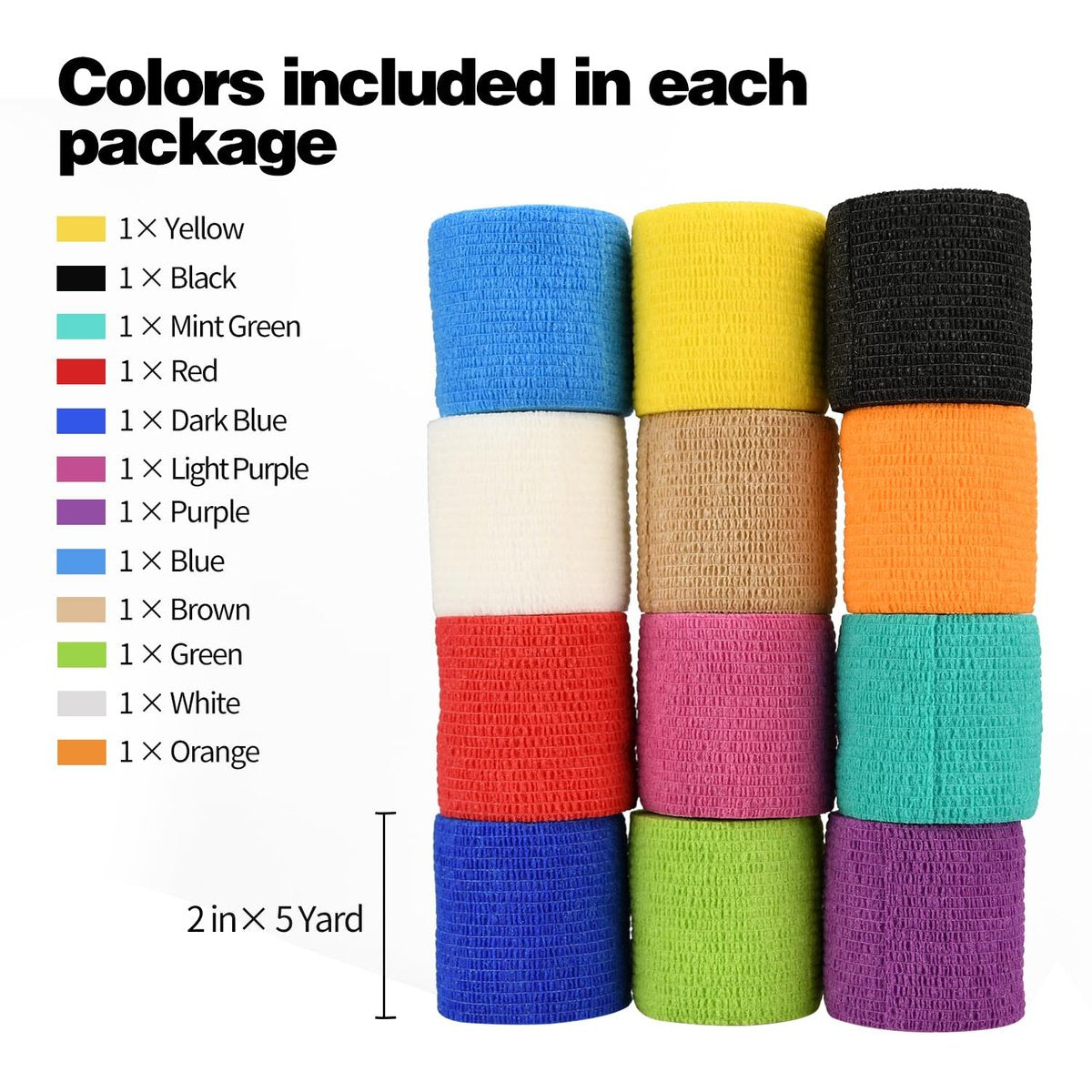 12er-Pack Selbstklebende Bandagenwickel, 5 cm x 4,5 m, Mehrfarbig
