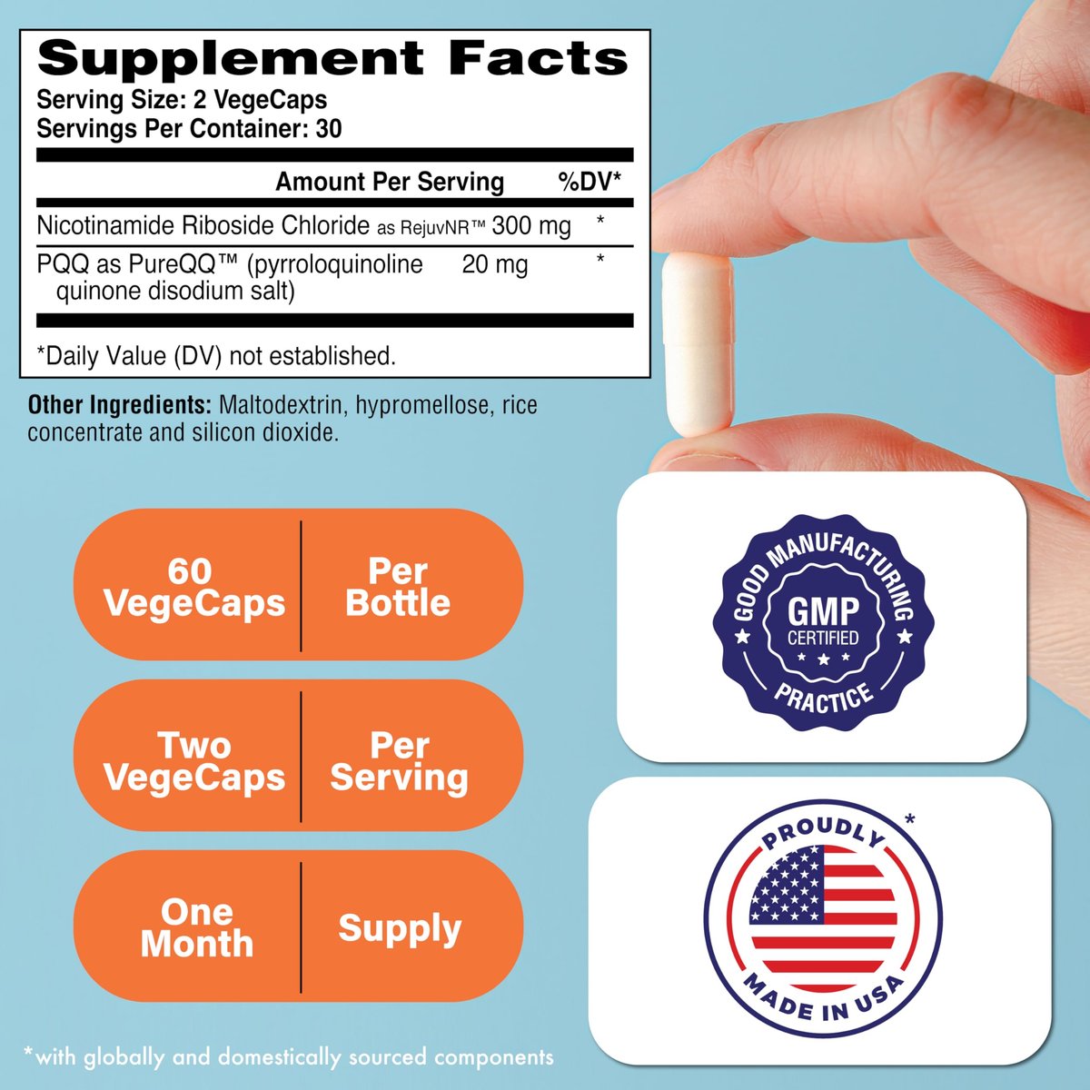 NAD+ Aktivator mit NR und PQQ | 300 mg Nicotinamid-Ribosid + 20 mg PQQ | Mitochondrien-Maximierer | Non-GMO | 60 Kapseln