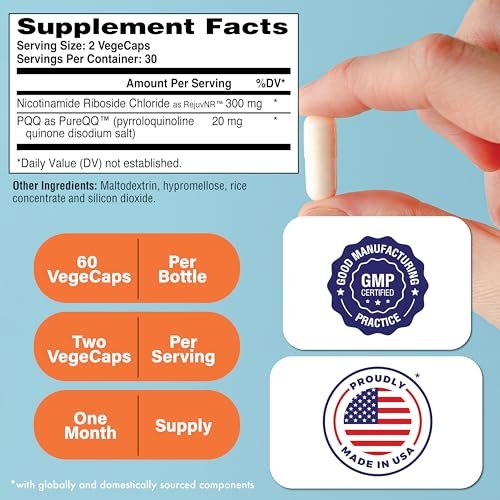 NAD+ Aktivator mit NR und PQQ | 300 mg Nicotinamid-Ribosid + 20 mg PQQ | Mitochondrien-Maximierer | Non-GMO | 60 Kapseln
