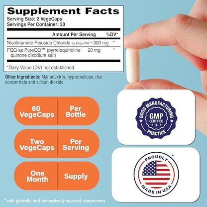 NAD+ Aktivator mit NR und PQQ | 300 mg Nicotinamid-Ribosid + 20 mg PQQ | Mitochondrien-Maximierer | Non-GMO | 60 Kapseln