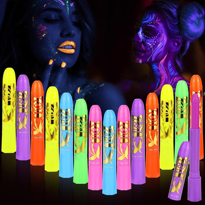 15-teiliges Leucht-Gesichts- und Körperfarbe-Set – Neon-Glow unter UV-Licht, Make-up für Kinder und Erwachsene für Halloween, Partys, Karneval