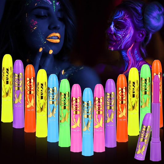 15-teiliges Leucht-Gesichts- und Körperfarbe-Set – Neon-Glow unter UV-Licht, Make-up für Kinder und Erwachsene für Halloween, Partys, Karneval