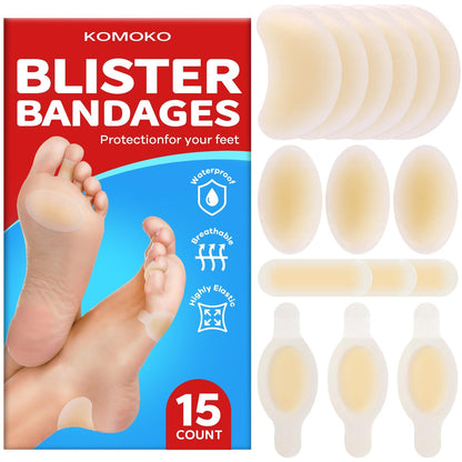 Komoko Blasenpflaster für die Füße (15 Stück) – wasserdichte Hydrokolloid-Blasenpflaster, ultradünne haftende Blasenpflaster für Finger, Zehen, Vorfuß, Ferse – Blasenprävention