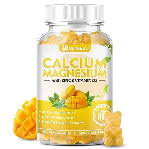 UPNEUTRI Calcium Magnesium Zink mit Vitamin D3 – Zuckerfreie Calcium Gummis für Frauen und Männer, hochabsorbierende Zink Gummis für Knochen-, Muskel- und Immununterstützung, veganer Mango-Geschmack, 60 Stück