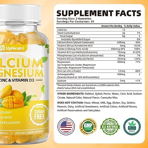 UPNEUTRI Calcium Magnesium Zink mit Vitamin D3 – Zuckerfreie Calcium Gummis für Frauen und Männer, hochabsorbierende Zink Gummis für Knochen-, Muskel- und Immununterstützung, veganer Mango-Geschmack, 60 Stück