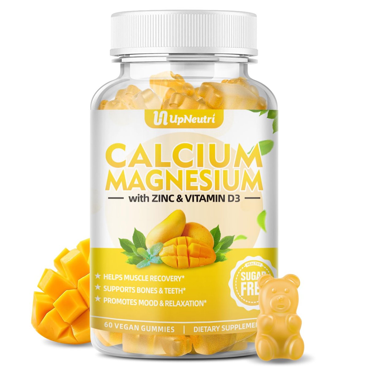 UPNEUTRI Calcium Magnesium Zink mit Vitamin D3 – Zuckerfreie Calcium Gummis für Frauen und Männer, hochabsorbierende Zink Gummis für Knochen-, Muskel- und Immununterstützung, veganer Mango-Geschmack, 60 Stück