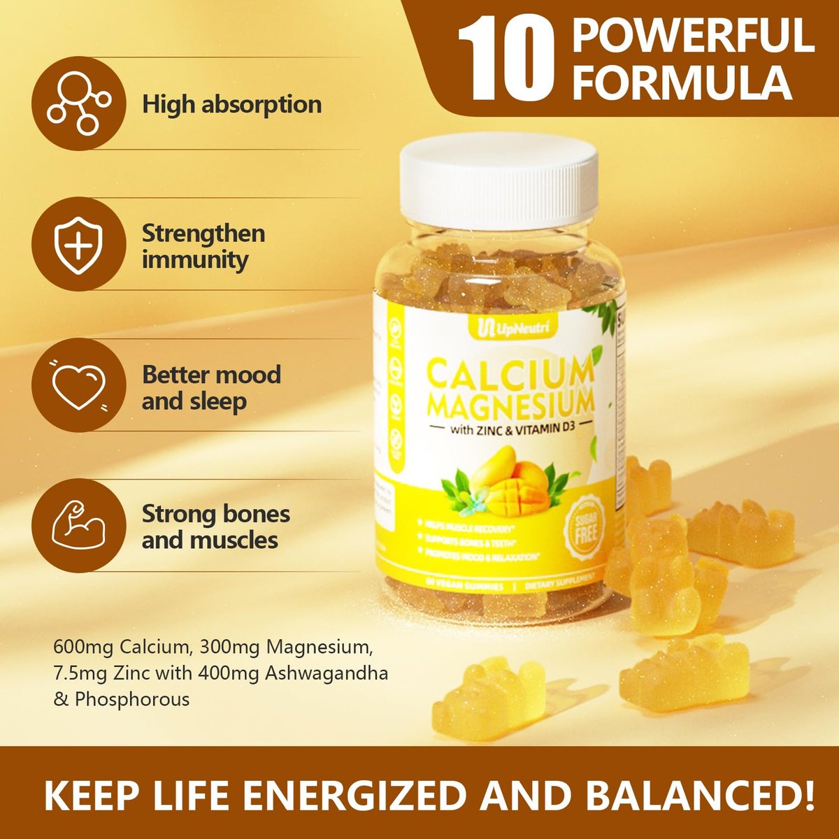 UPNEUTRI Calcium Magnesium Zink mit Vitamin D3 – Zuckerfreie Calcium Gummis für Frauen und Männer, hochabsorbierende Zink Gummis für Knochen-, Muskel- und Immununterstützung, veganer Mango-Geschmack, 60 Stück