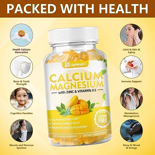 UPNEUTRI Calcium Magnesium Zink mit Vitamin D3 – Zuckerfreie Calcium Gummis für Frauen und Männer, hochabsorbierende Zink Gummis für Knochen-, Muskel- und Immununterstützung, veganer Mango-Geschmack, 60 Stück