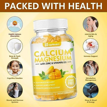 UPNEUTRI Calcium Magnesium Zink mit Vitamin D3 – Zuckerfreie Calcium Gummis für Frauen und Männer, hochabsorbierende Zink Gummis für Knochen-, Muskel- und Immununterstützung, veganer Mango-Geschmack, 60 Stück
