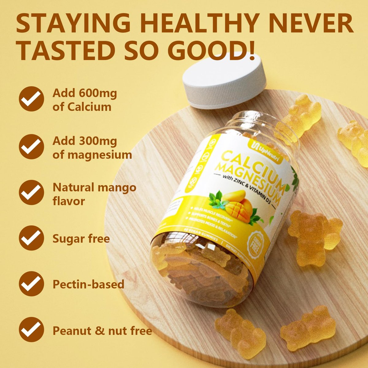 UPNEUTRI Calcium Magnesium Zink mit Vitamin D3 – Zuckerfreie Calcium Gummis für Frauen und Männer, hochabsorbierende Zink Gummis für Knochen-, Muskel- und Immununterstützung, veganer Mango-Geschmack, 60 Stück