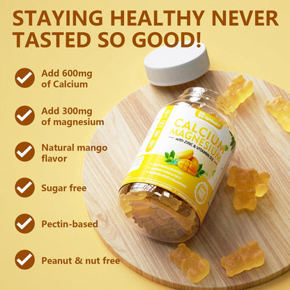 UPNEUTRI Calcium Magnesium Zink mit Vitamin D3 – Zuckerfreie Calcium Gummis für Frauen und Männer, hochabsorbierende Zink Gummis für Knochen-, Muskel- und Immununterstützung, veganer Mango-Geschmack, 60 Stück