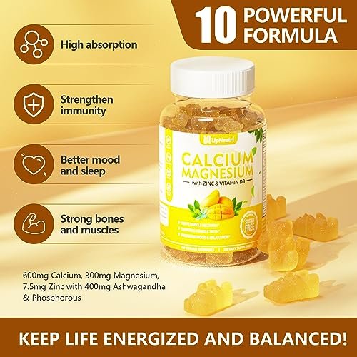 UPNEUTRI Calcium Magnesium Zink mit Vitamin D3 – Zuckerfreie Calcium Gummis für Frauen und Männer, hochabsorbierende Zink Gummis für Knochen-, Muskel- und Immununterstützung, veganer Mango-Geschmack, 60 Stück