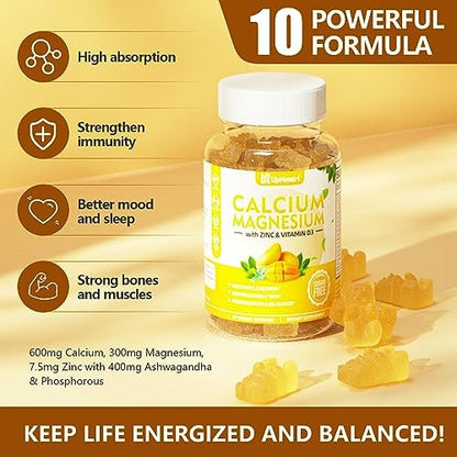 UPNEUTRI Calcium Magnesium Zink mit Vitamin D3 – Zuckerfreie Calcium Gummis für Frauen und Männer, hochabsorbierende Zink Gummis für Knochen-, Muskel- und Immununterstützung, veganer Mango-Geschmack, 60 Stück