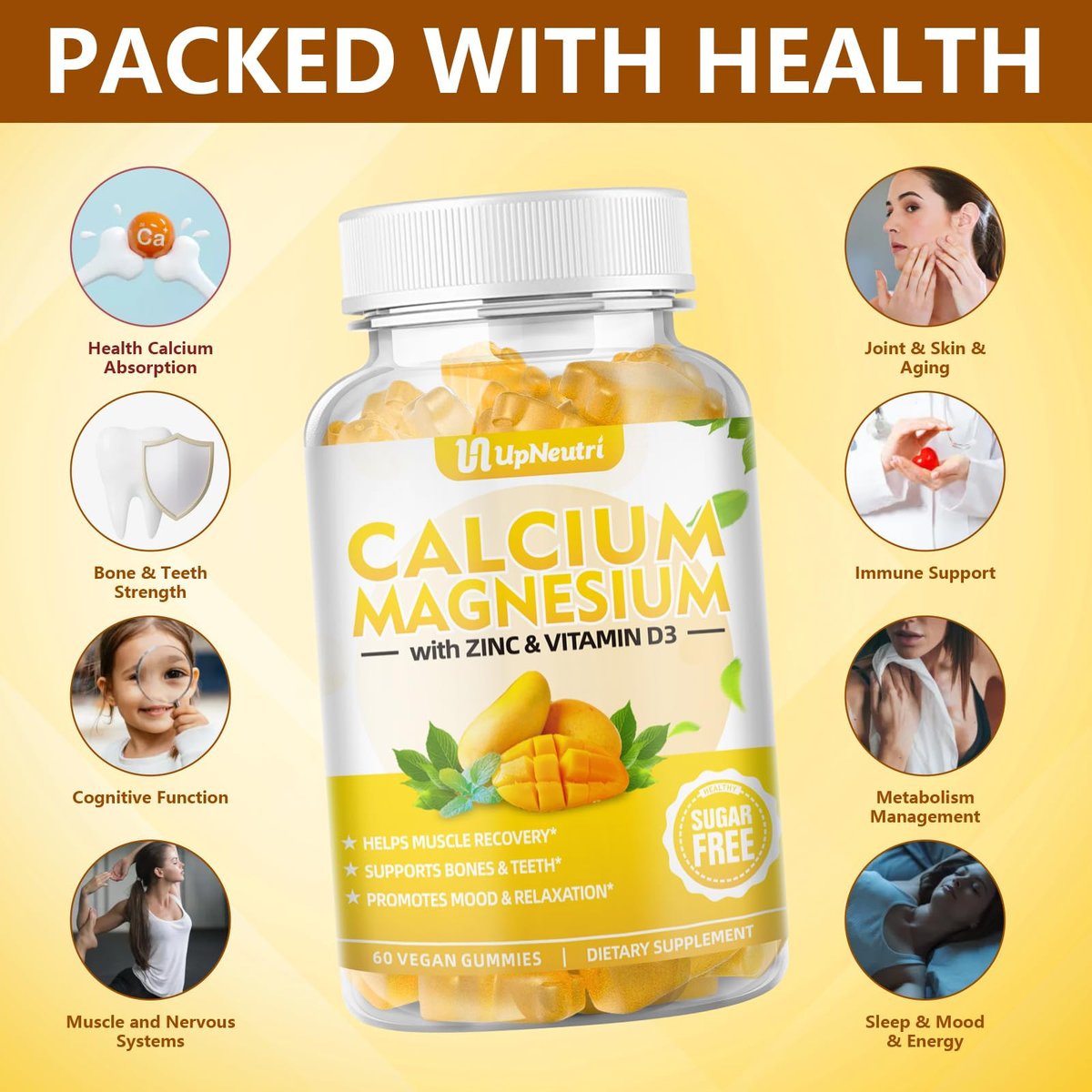 UPNEUTRI Calcium Magnesium Zink mit Vitamin D3 – Zuckerfreie Calcium Gummis für Frauen und Männer, hochabsorbierende Zink Gummis für Knochen-, Muskel- und Immununterstützung, veganer Mango-Geschmack, 60 Stück