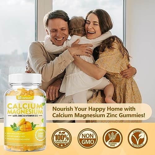 UPNEUTRI Calcium Magnesium Zink mit Vitamin D3 – Zuckerfreie Calcium Gummis für Frauen und Männer, hochabsorbierende Zink Gummis für Knochen-, Muskel- und Immununterstützung, veganer Mango-Geschmack, 60 Stück