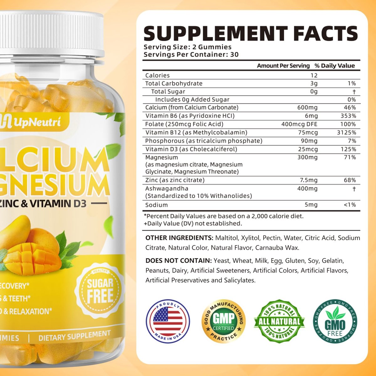 UPNEUTRI Calcium Magnesium Zink mit Vitamin D3 – Zuckerfreie Calcium Gummis für Frauen und Männer, hochabsorbierende Zink Gummis für Knochen-, Muskel- und Immununterstützung, veganer Mango-Geschmack, 60 Stück