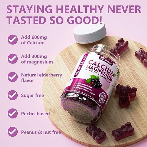 Calcium Magnesium Zink mit Vitamin D3 – Zuckerfreie Calcium Gummies für Frauen und Männer, hochabsorbierbare Zink Gummies für Knochen-, Muskel- und Immununterstützung, veganer Holunderbeergeschmack – 60 Stück