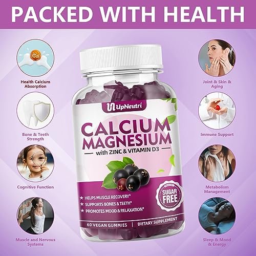 Calcium Magnesium Zink mit Vitamin D3 – Zuckerfreie Calcium Gummies für Frauen und Männer, hochabsorbierbare Zink Gummies für Knochen-, Muskel- und Immununterstützung, veganer Holunderbeergeschmack – 60 Stück
