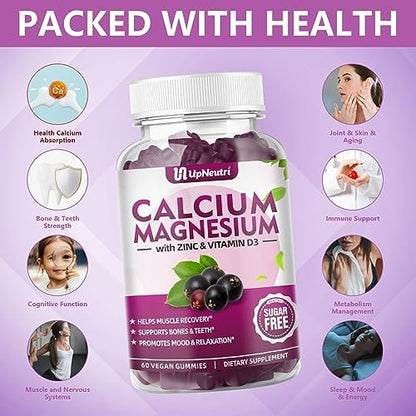 Calcium Magnesium Zink mit Vitamin D3 – Zuckerfreie Calcium Gummies für Frauen und Männer, hochabsorbierbare Zink Gummies für Knochen-, Muskel- und Immununterstützung, veganer Holunderbeergeschmack – 60 Stück