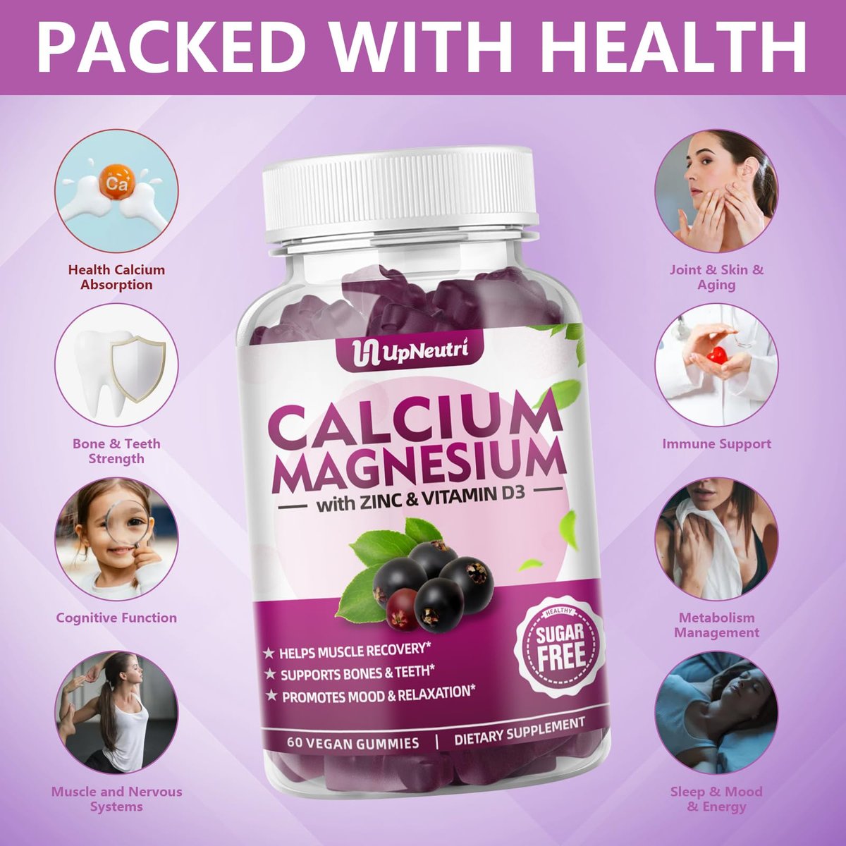 Calcium Magnesium Zink mit Vitamin D3 – Zuckerfreie Calcium Gummies für Frauen und Männer, hochabsorbierbare Zink Gummies für Knochen-, Muskel- und Immununterstützung, veganer Holunderbeergeschmack – 60 Stück