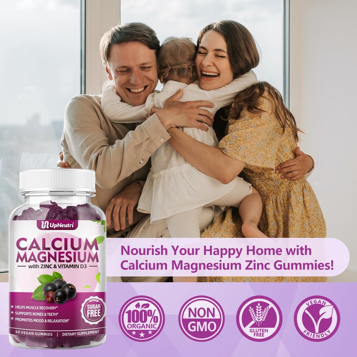 Calcium Magnesium Zink mit Vitamin D3 – Zuckerfreie Calcium Gummies für Frauen und Männer, hochabsorbierbare Zink Gummies für Knochen-, Muskel- und Immununterstützung, veganer Holunderbeergeschmack – 60 Stück