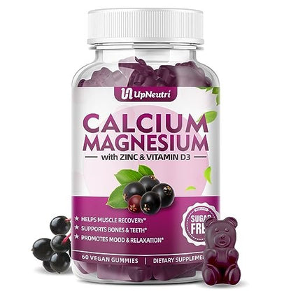 Calcium Magnesium Zink mit Vitamin D3 – Zuckerfreie Calcium Gummies für Frauen und Männer, hochabsorbierbare Zink Gummies für Knochen-, Muskel- und Immununterstützung, veganer Holunderbeergeschmack – 60 Stück