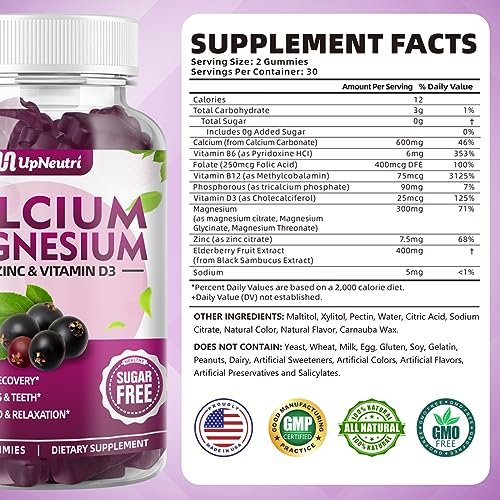 Calcium Magnesium Zink mit Vitamin D3 – Zuckerfreie Calcium Gummies für Frauen und Männer, hochabsorbierbare Zink Gummies für Knochen-, Muskel- und Immununterstützung, veganer Holunderbeergeschmack – 60 Stück