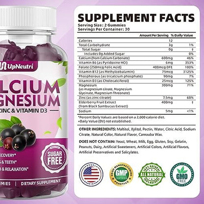 Calcium Magnesium Zink mit Vitamin D3 – Zuckerfreie Calcium Gummies für Frauen und Männer, hochabsorbierbare Zink Gummies für Knochen-, Muskel- und Immununterstützung, veganer Holunderbeergeschmack – 60 Stück