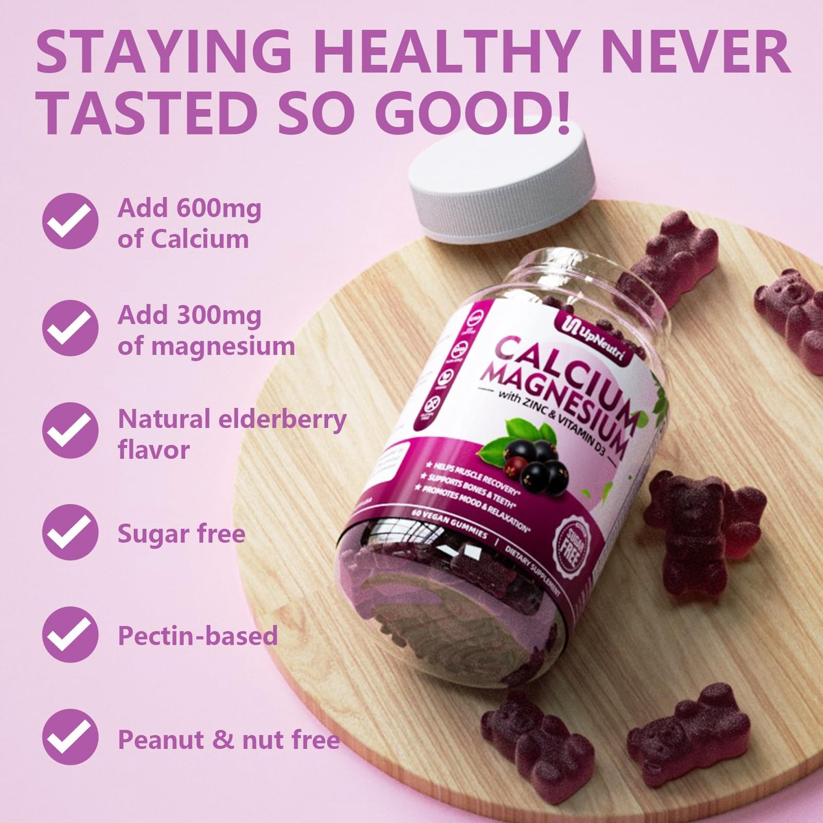Calcium Magnesium Zink mit Vitamin D3 – Zuckerfreie Calcium Gummies für Frauen und Männer, hochabsorbierbare Zink Gummies für Knochen-, Muskel- und Immununterstützung, veganer Holunderbeergeschmack – 60 Stück