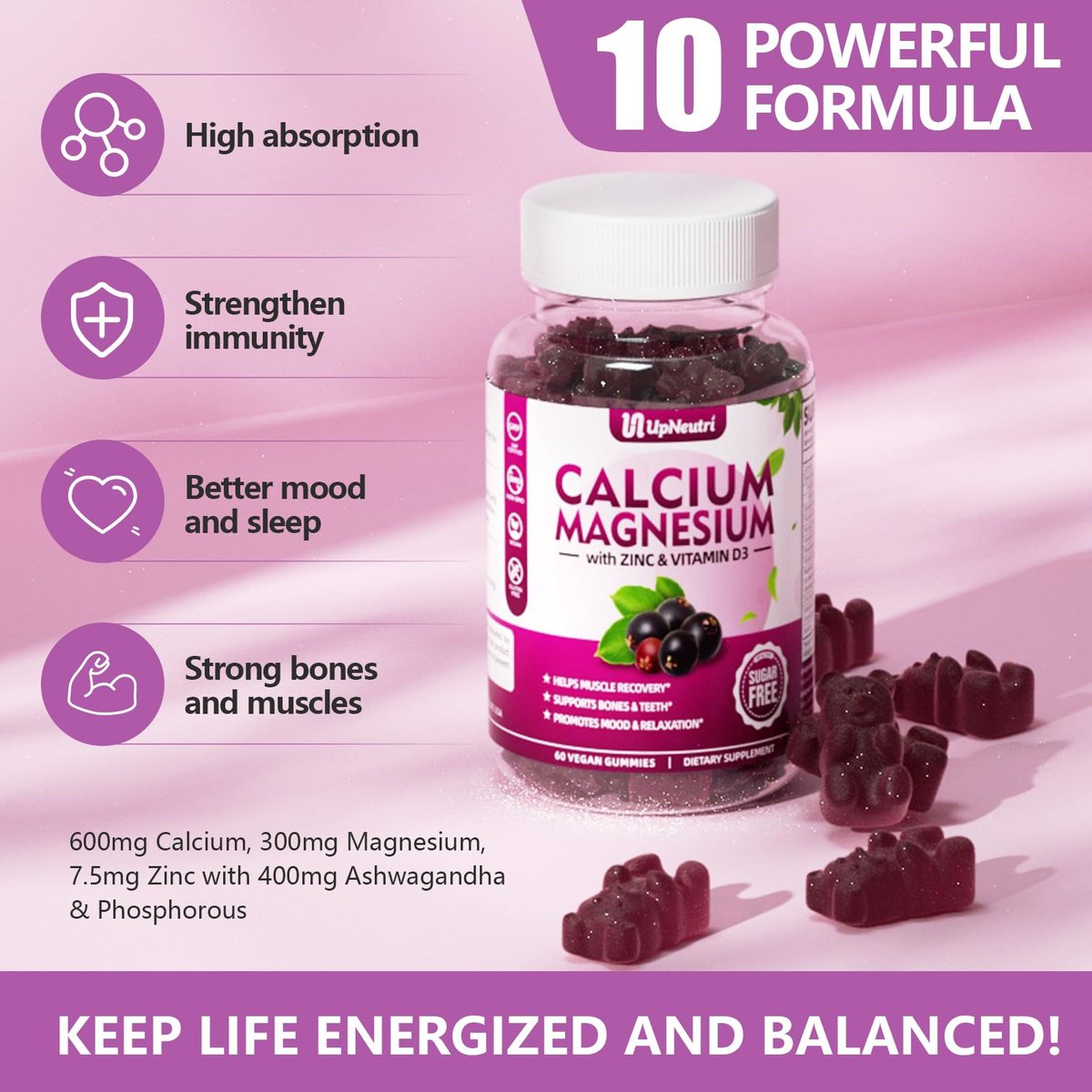 Calcium Magnesium Zink mit Vitamin D3 – Zuckerfreie Calcium Gummies für Frauen und Männer, hochabsorbierbare Zink Gummies für Knochen-, Muskel- und Immununterstützung, veganer Holunderbeergeschmack – 60 Stück