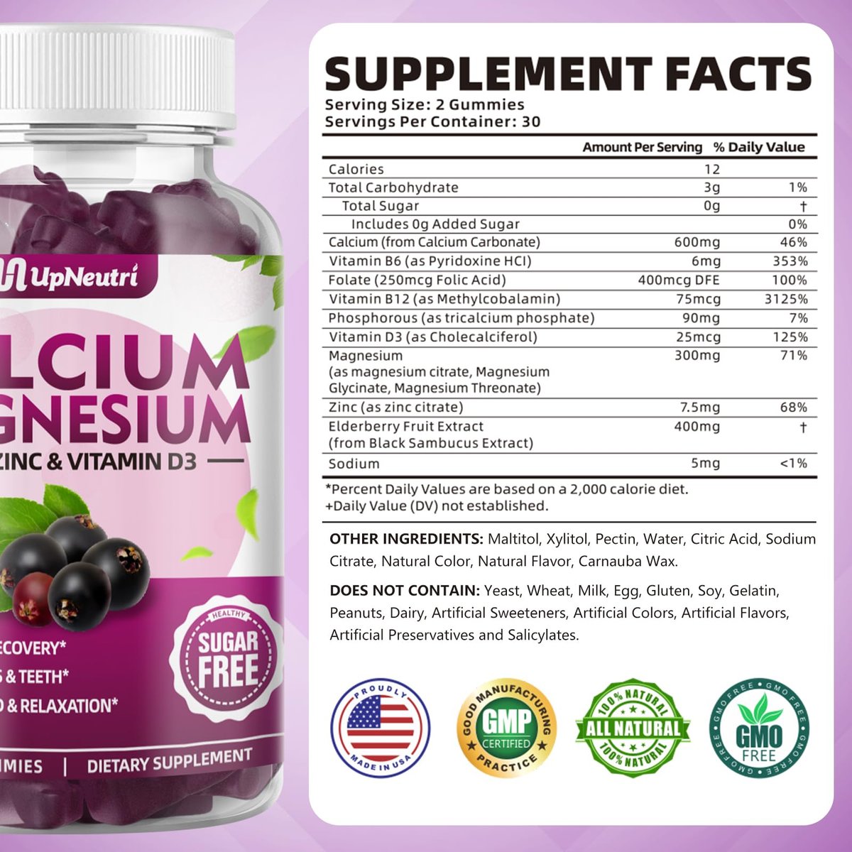 Calcium Magnesium Zink mit Vitamin D3 – Zuckerfreie Calcium Gummies für Frauen und Männer, hochabsorbierbare Zink Gummies für Knochen-, Muskel- und Immununterstützung, veganer Holunderbeergeschmack – 60 Stück