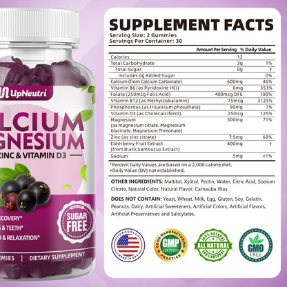 Calcium Magnesium Zink mit Vitamin D3 – Zuckerfreie Calcium Gummies für Frauen und Männer, hochabsorbierbare Zink Gummies für Knochen-, Muskel- und Immununterstützung, veganer Holunderbeergeschmack – 60 Stück