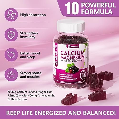 Calcium Magnesium Zink mit Vitamin D3 – Zuckerfreie Calcium Gummies für Frauen und Männer, hochabsorbierbare Zink Gummies für Knochen-, Muskel- und Immununterstützung, veganer Holunderbeergeschmack – 60 Stück