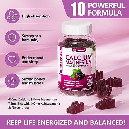 Calcium Magnesium Zink mit Vitamin D3 – Zuckerfreie Calcium Gummies für Frauen und Männer, hochabsorbierbare Zink Gummies für Knochen-, Muskel- und Immununterstützung, veganer Holunderbeergeschmack – 60 Stück
