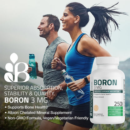 Bronson Boron 3 MG Chelated – Hoch bioverfügbares Spurenelement für starke Knochen, Non-GMO, 250 vegane Tabletten