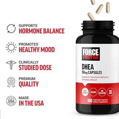 Force Factor DHEA 50mg – Hormonhaushalt & Ausgeglichene Stimmung für Frauen und Männer, Hochwertig, Vegan, Nicht-GVO, 100 Kapseln