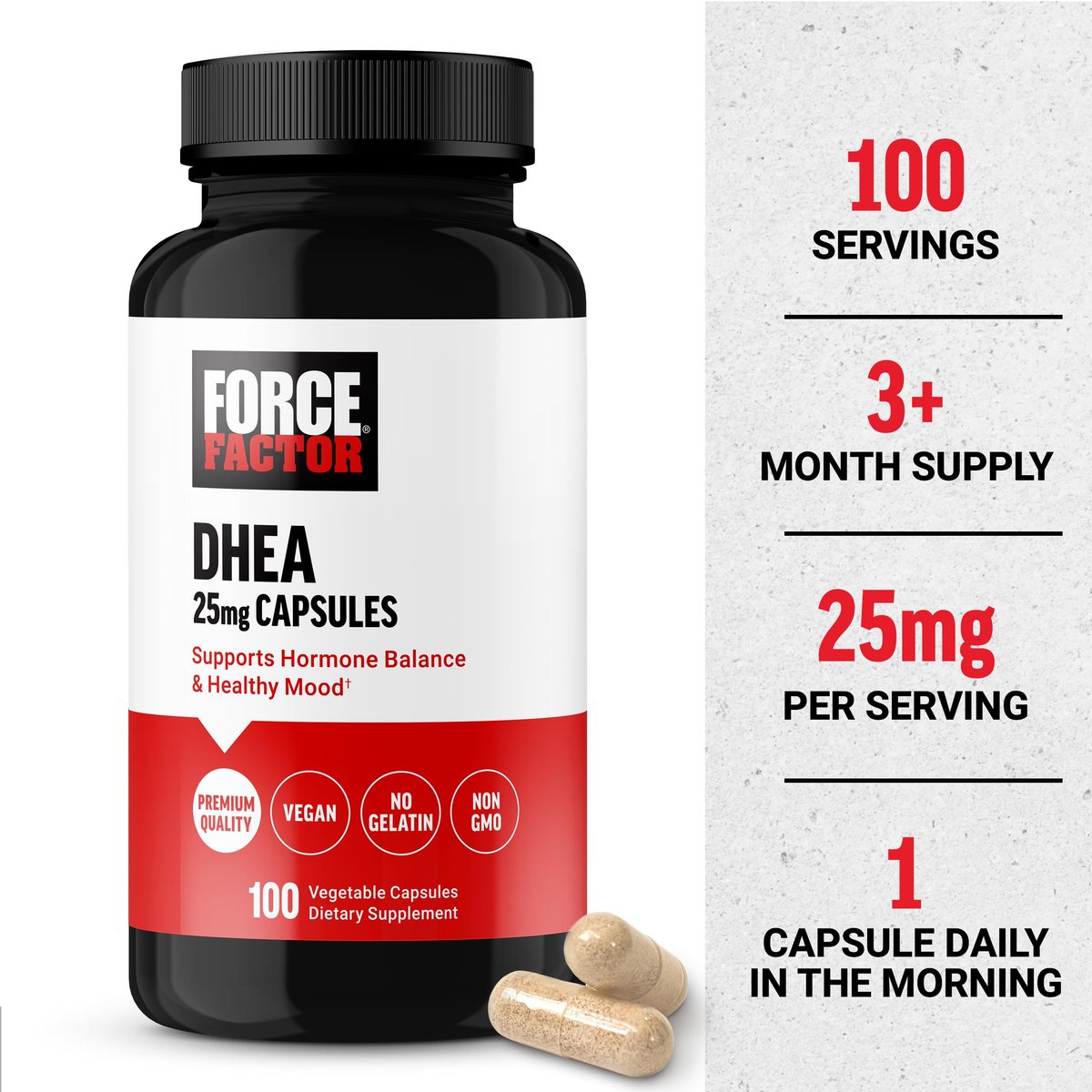 Force Factor DHEA 25mg – Hormonhaushalt & Stimmungsunterstützung für Frauen und Männer, vegan, nicht-GVO, 100 Kapseln