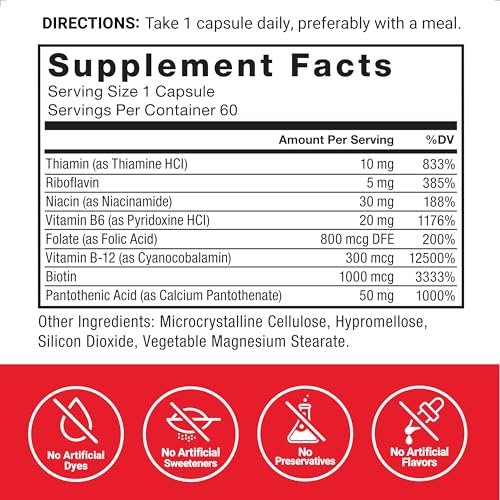 Force Factor Vitamin B Komplex – Für Energie, Vitalität und Herzgesundheit – mit Vitamin B1, B2, B3, B6, B12 und mehr – Vegan, Non-GMO – 60 Kapseln