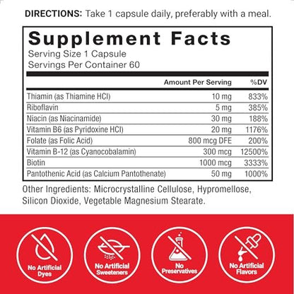 Force Factor Vitamin B Komplex – Für Energie, Vitalität und Herzgesundheit – mit Vitamin B1, B2, B3, B6, B12 und mehr – Vegan, Non-GMO – 60 Kapseln