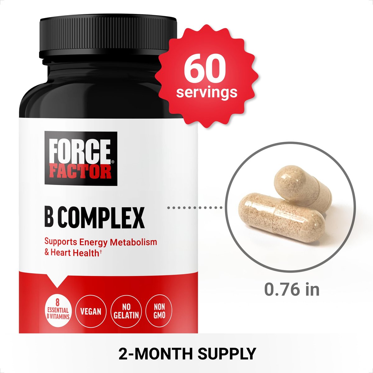 Force Factor Vitamin B Komplex – Für Energie, Vitalität und Herzgesundheit – mit Vitamin B1, B2, B3, B6, B12 und mehr – Vegan, Non-GMO – 60 Kapseln