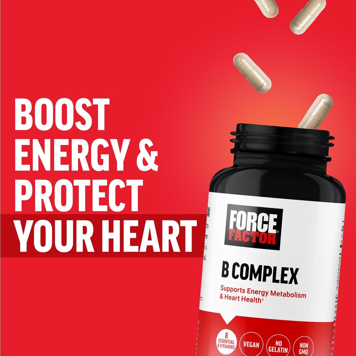 Force Factor Vitamin B Komplex – Für Energie, Vitalität und Herzgesundheit – mit Vitamin B1, B2, B3, B6, B12 und mehr – Vegan, Non-GMO – 60 Kapseln