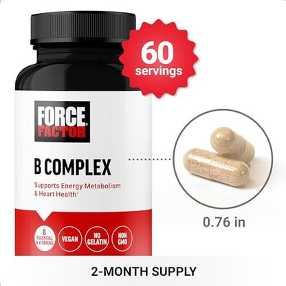 Force Factor Vitamin B Komplex – Für Energie, Vitalität und Herzgesundheit – mit Vitamin B1, B2, B3, B6, B12 und mehr – Vegan, Non-GMO – 60 Kapseln