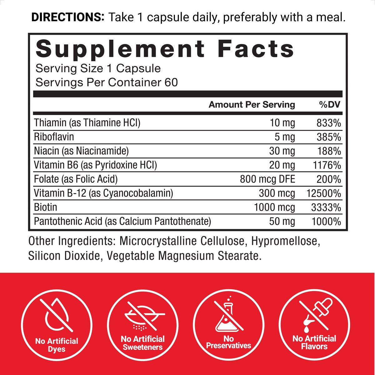 Force Factor Vitamin B Komplex – Für Energie, Vitalität und Herzgesundheit – mit Vitamin B1, B2, B3, B6, B12 und mehr – Vegan, Non-GMO – 60 Kapseln