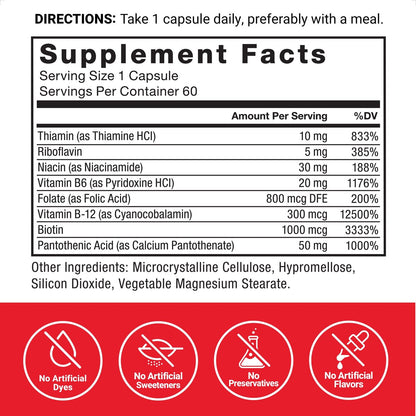 Force Factor Vitamin B Komplex – Für Energie, Vitalität und Herzgesundheit – mit Vitamin B1, B2, B3, B6, B12 und mehr – Vegan, Non-GMO – 60 Kapseln