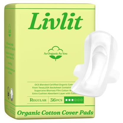 Livlit Normalgroße ultradünne Damenbinden, 100 % Bio-Baumwolle aus Texas, starker Auslaufschutz, unparfümiert, chlorfrei, saugfähig für die Menstruation, Damenbinden (36 Stück)