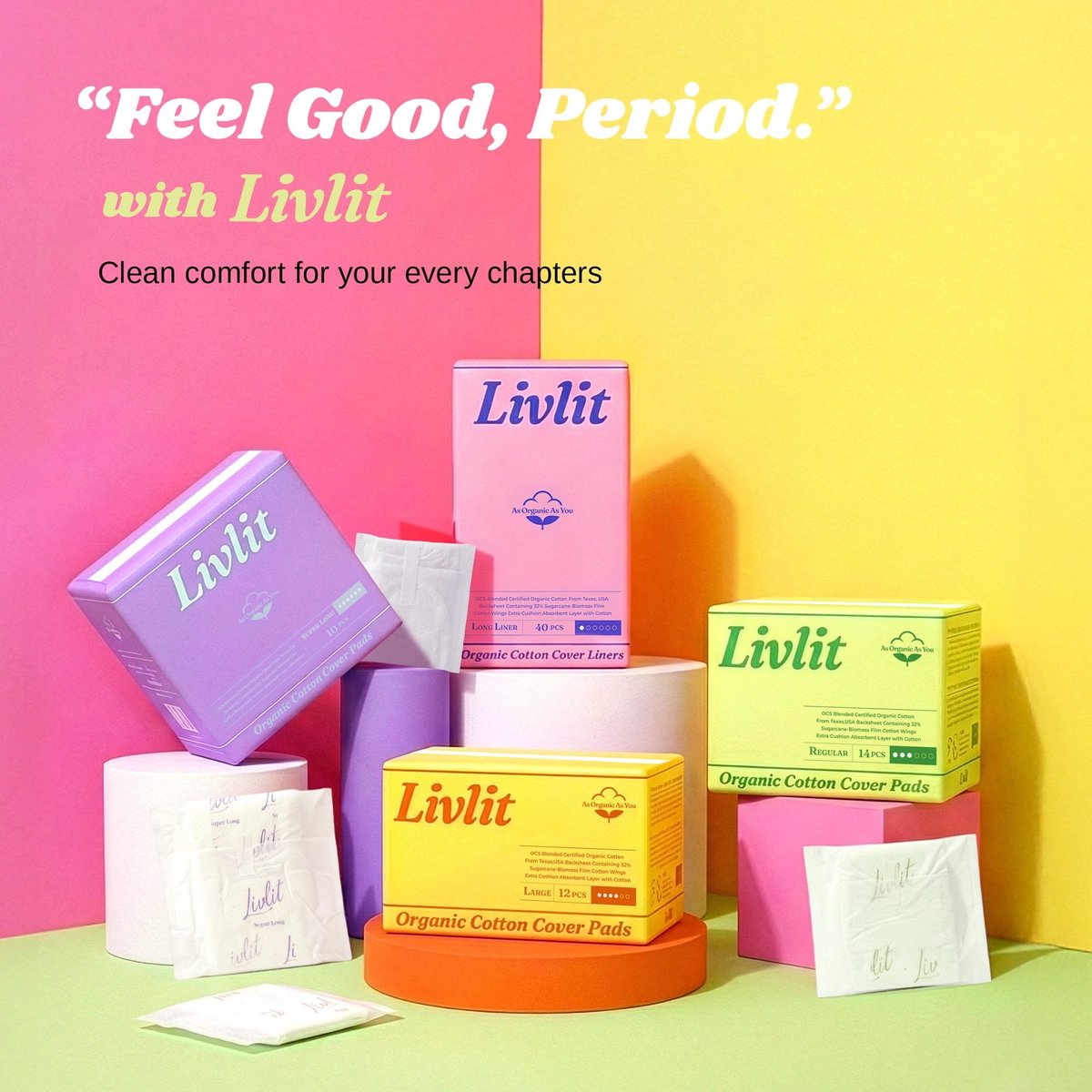 Livlit Normalgroße ultradünne Damenbinden, 100 % Bio-Baumwolle aus Texas, starker Auslaufschutz, unparfümiert, chlorfrei, saugfähig für die Menstruation, Damenbinden (36 Stück)
