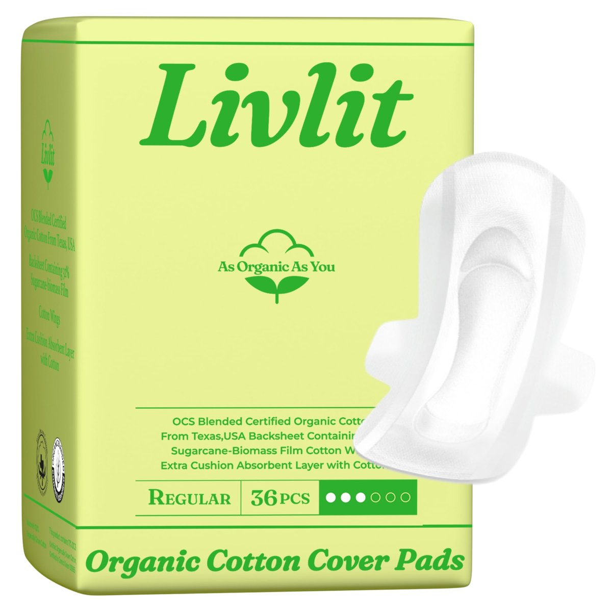 Livlit Normalgroße ultradünne Damenbinden, 100 % Bio-Baumwolle aus Texas, starker Auslaufschutz, unparfümiert, chlorfrei, saugfähig für die Menstruation, Damenbinden (36 Stück)