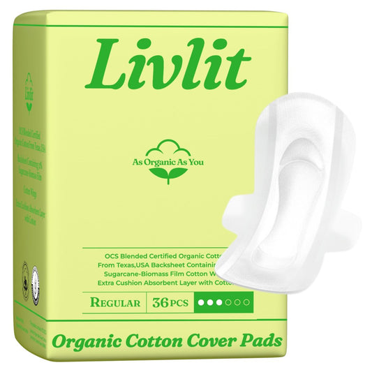 Livlit Normalgroße ultradünne Damenbinden, 100 % Bio-Baumwolle aus Texas, starker Auslaufschutz, unparfümiert, chlorfrei, saugfähig für die Menstruation, Damenbinden (36 Stück)