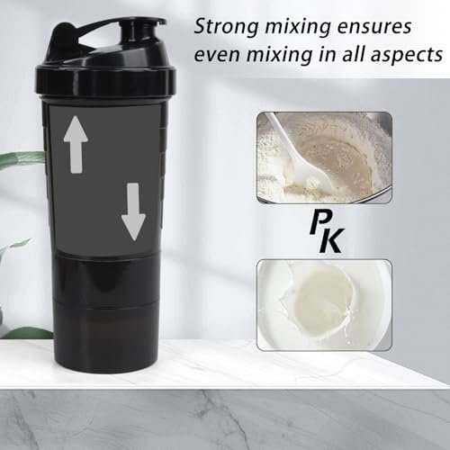 XTKS Shaker-Flasche - Protein-Shaker-Becher mit Aufbewahrungsfächern - Auslaufsicherer Workout-Shaker mit Mixer für gleichmäßiges Mischen - 500 ml / 16 oz (Reines Schwarz)
