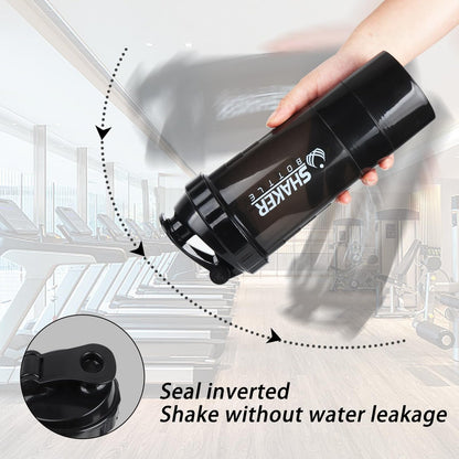 XTKS Shaker-Flasche - Protein-Shaker-Becher mit Aufbewahrungsfächern - Auslaufsicherer Workout-Shaker mit Mixer für gleichmäßiges Mischen - 500 ml / 16 oz (Reines Schwarz)